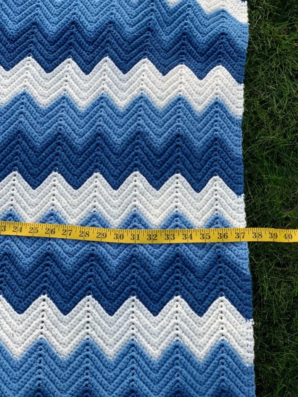 Vintage 80s Crochet Afghan Blue Chevron Hand Knit Wool Throw Boho Retro Blanket